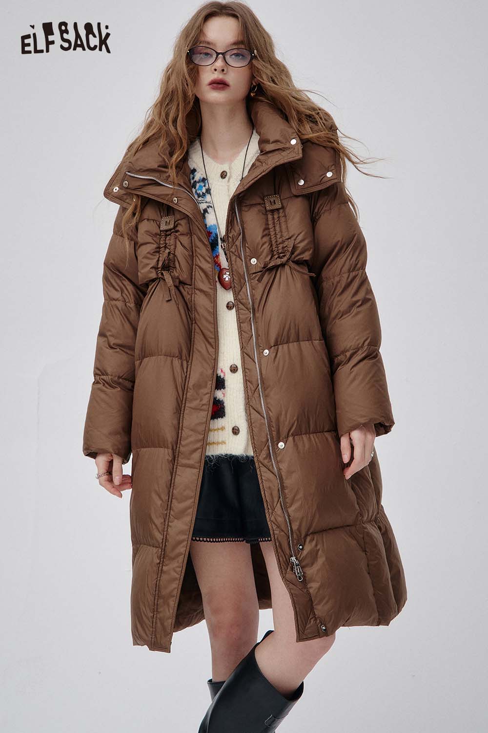 ELFSACK Brown Puffer Coat with a Cozy Fit, Perfect for Layering Over a Bohemian Knit Cardigan for Women