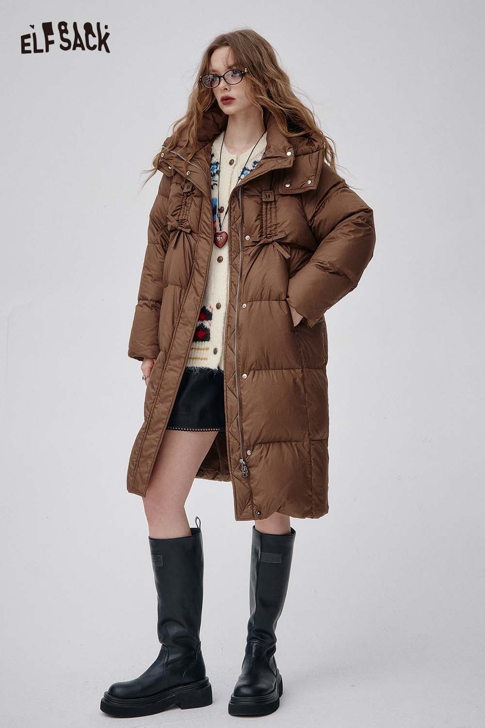 ELFSACK bohemian knit cardigan for women styled with a brown puffer coat and knee-high boots