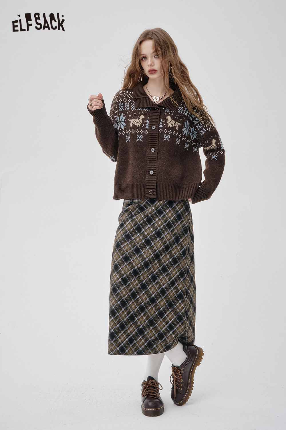 ELFSACK bohemian knit cardigan for women in brown with colorful pattern details, styled with a plaid skirt