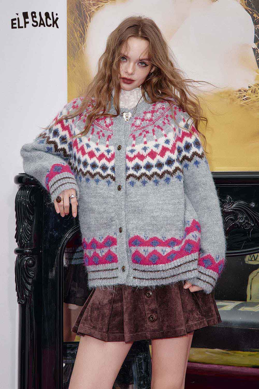 Cozy ELFSACK bohemian knit cardigan for women with colorful patterns and buttons, perfect for casual outfits