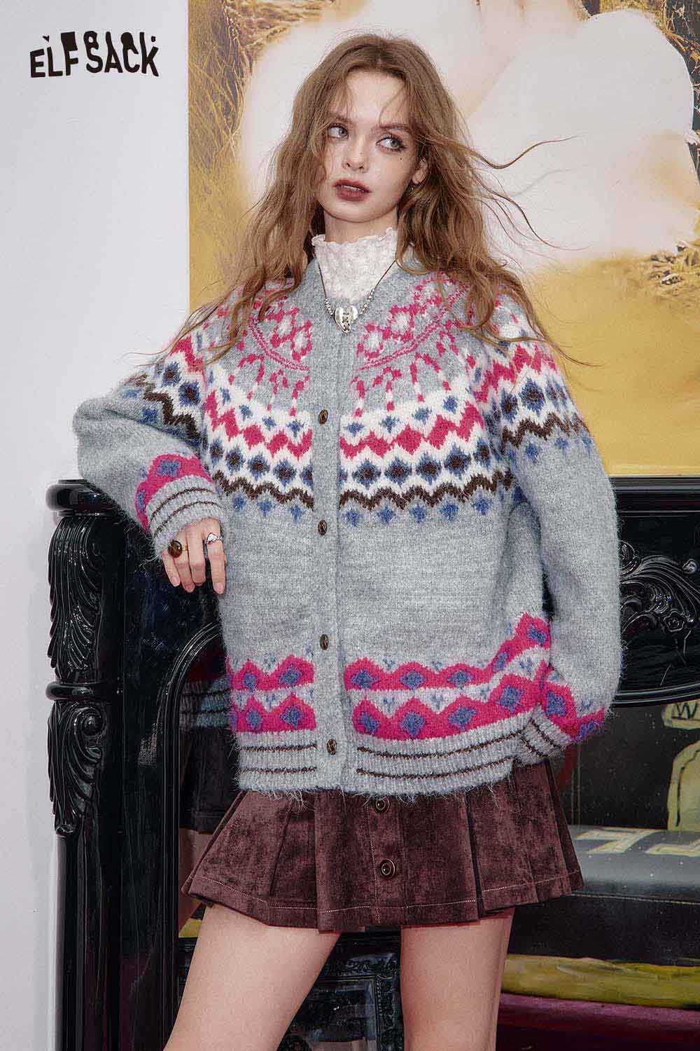 ELFSACK Bohemian knit cardigan for women in gray with vibrant patterns and oversized fit