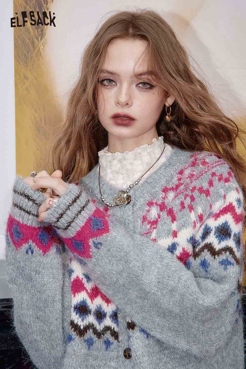 ELFSACK bohemian knit cardigan for women in gray with colorful geometric patterns