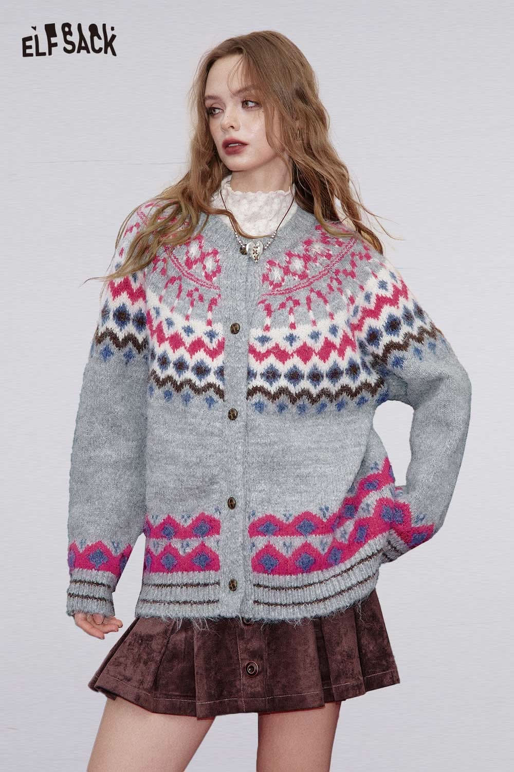 ELFSACK bohemian knit cardigan for women in gray with colorful patterned design and buttons