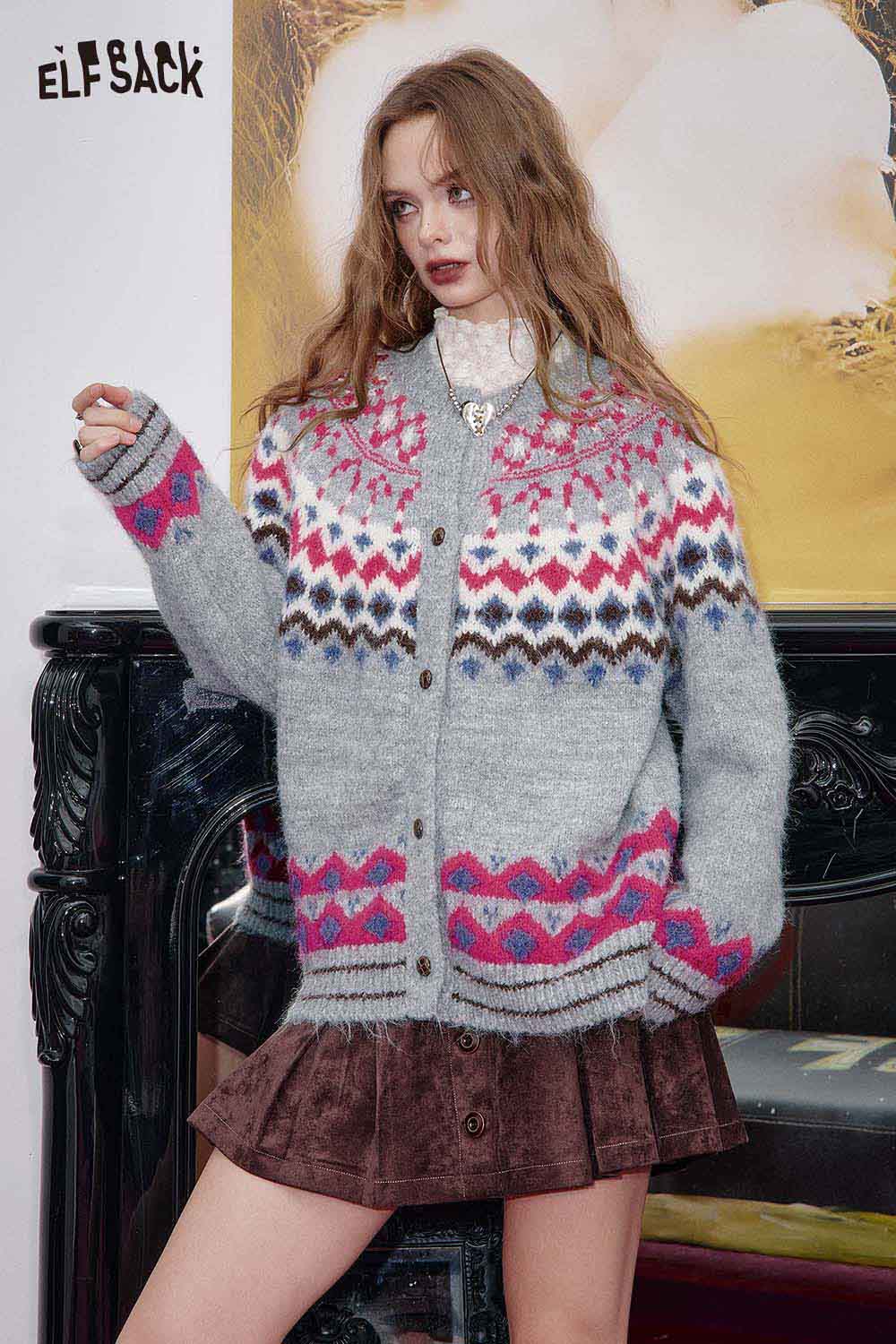 ELFSACK bohemian knit cardigan for women in gray with colorful patterns and buttons