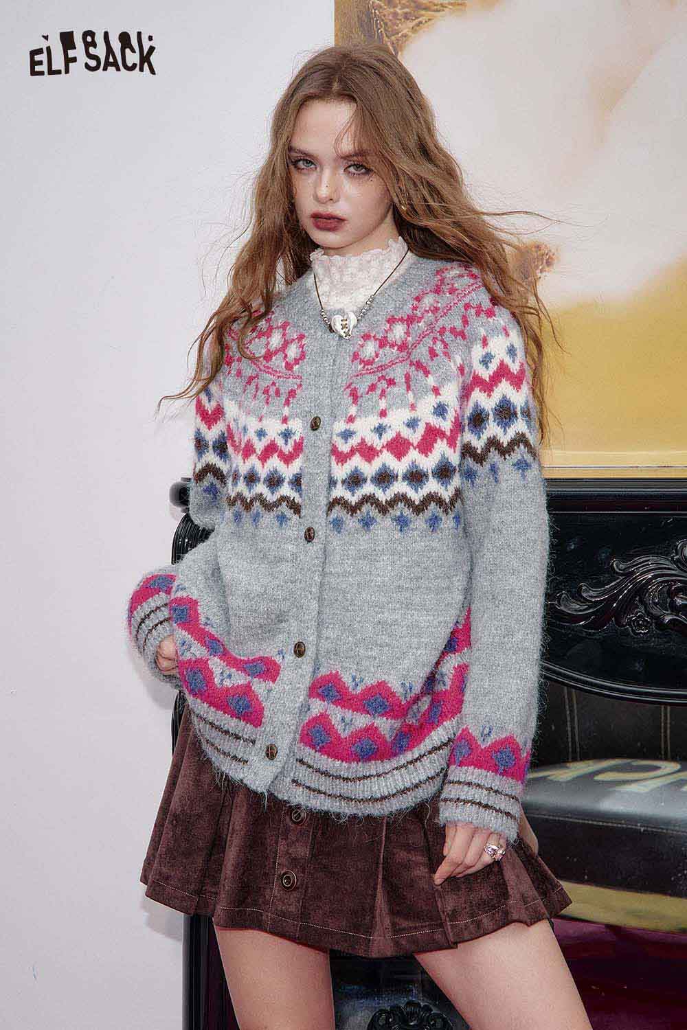 ELFSACK bohemian knit cardigan for women in gray with colorful patterns and button-up closure