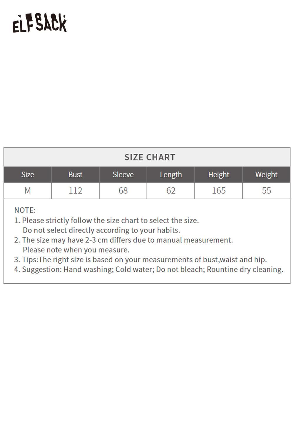 ELFSACK Size Chart for bohemian knit cardigan for women with detailed measurements for accurate fit