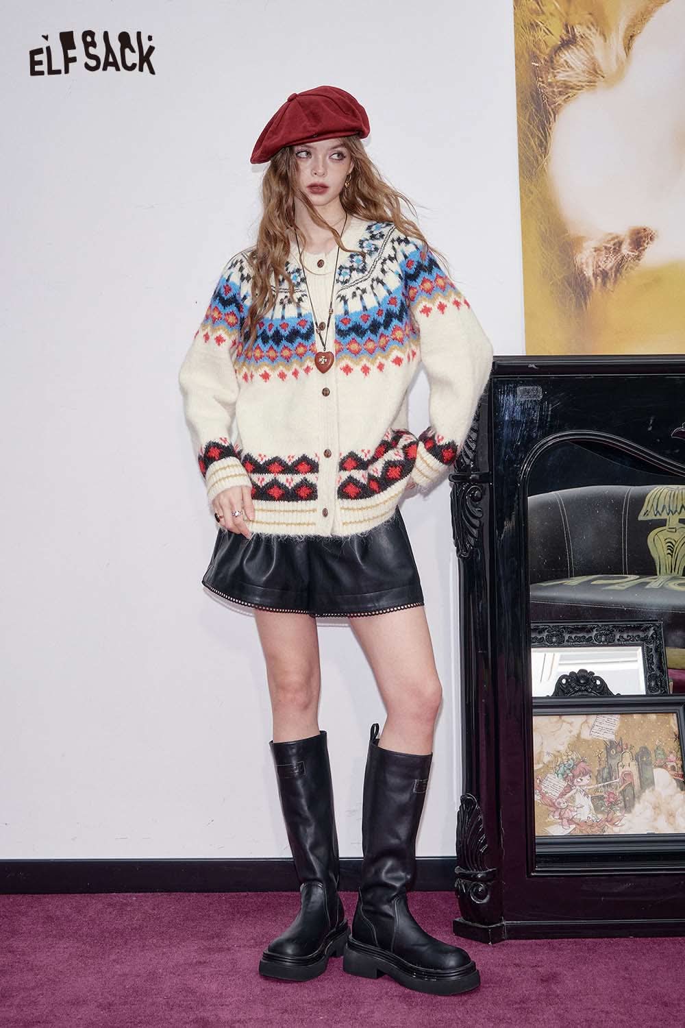 ELFSACK bohemian knit cardigan for women featuring a colorful design and oversized fit