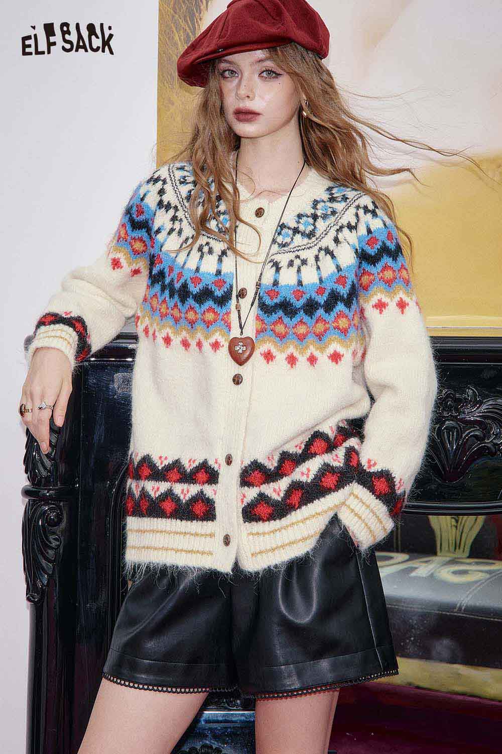 ELFSACK bohemian knit cardigan for women featuring colorful patterns and a cozy fit