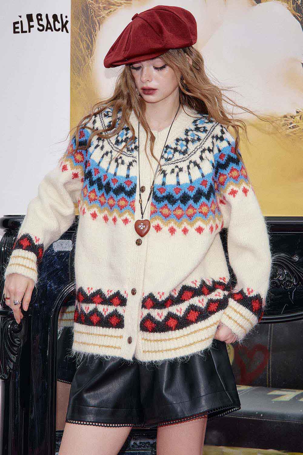 ELFSACK bohemian knit cardigan for women featuring colorful patterns and cozy design for stylish layering