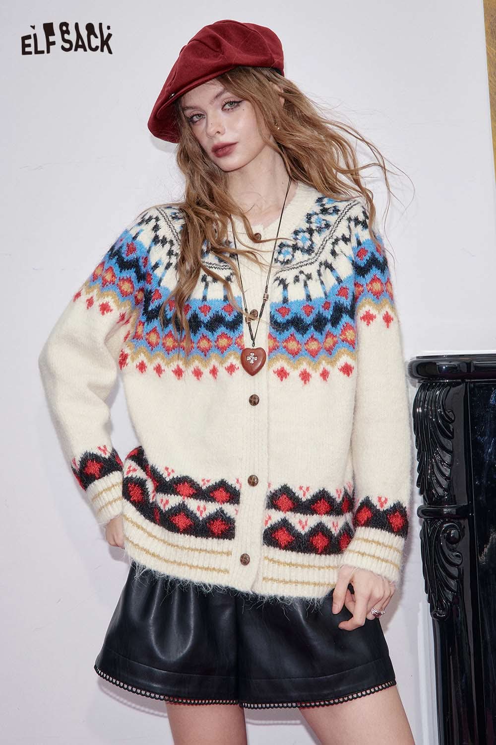 ELFSACK bohemian knit cardigan for women with colorful patterns and button closure, styled with a skirt