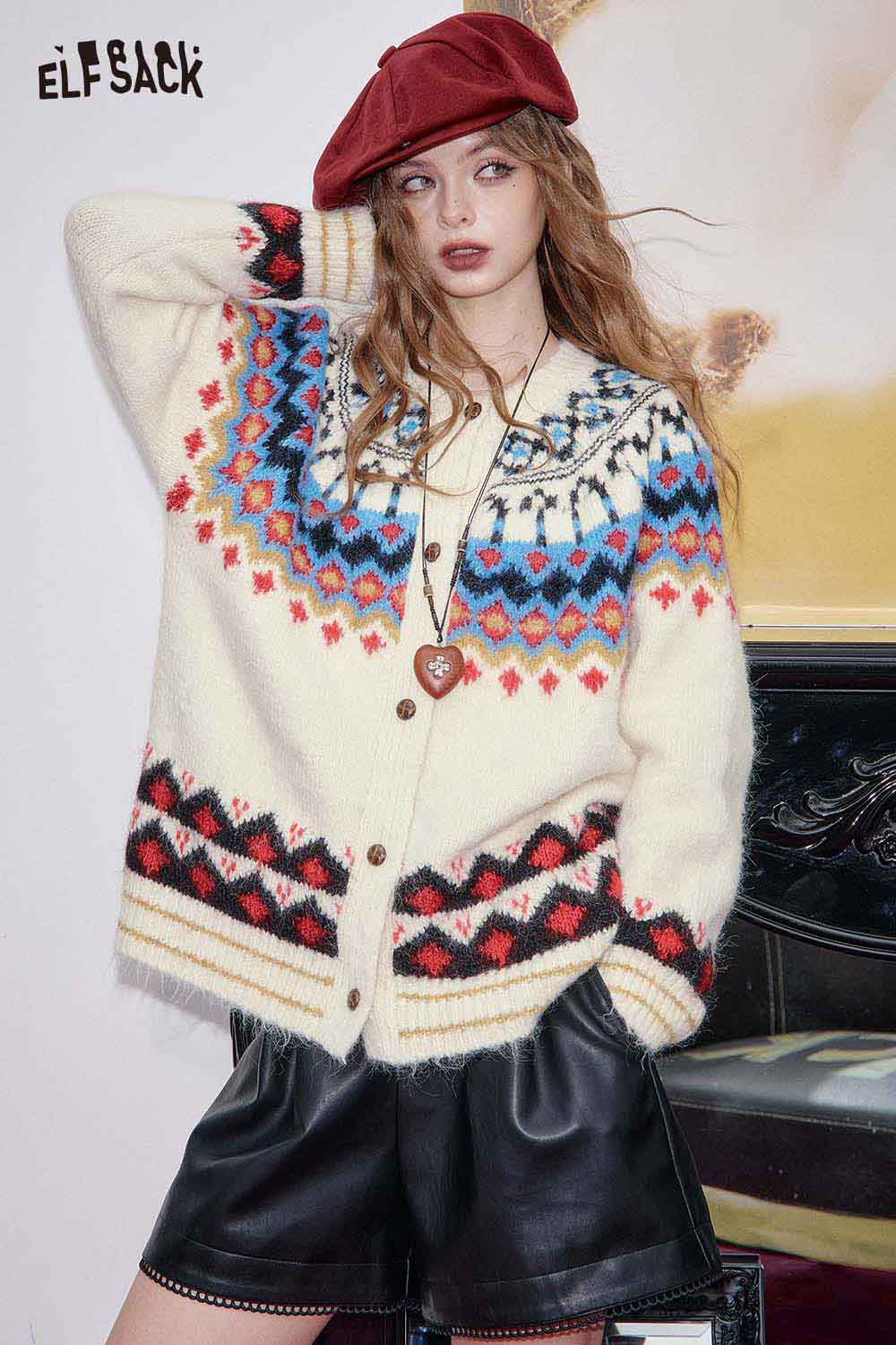 ELFSACK bohemian knit cardigan for women in cream with colorful geometric patterns and buttons