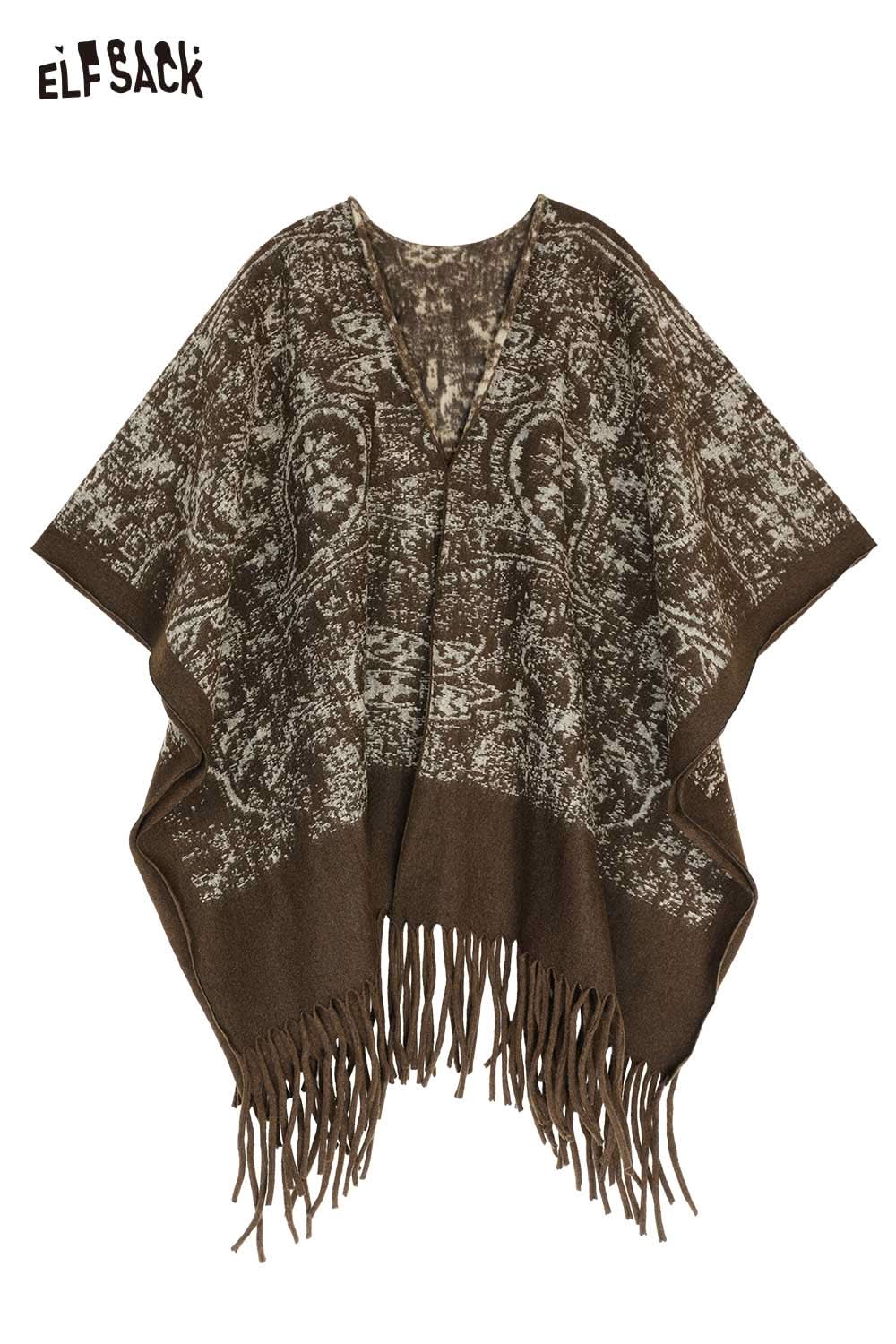 ELFSACK bohemian knit shawl with fringe in earthy tones featuring intricate patterns