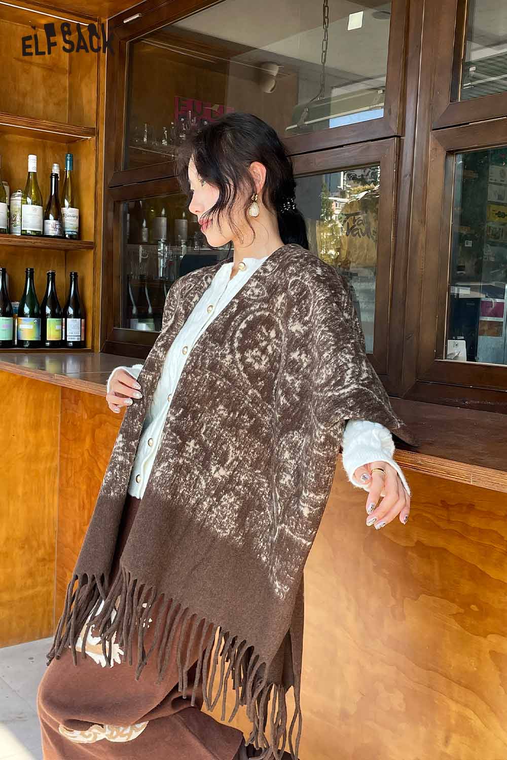 ELFSACK bohemian knit shawl with fringe in earthy tones for stylish layering and comfort