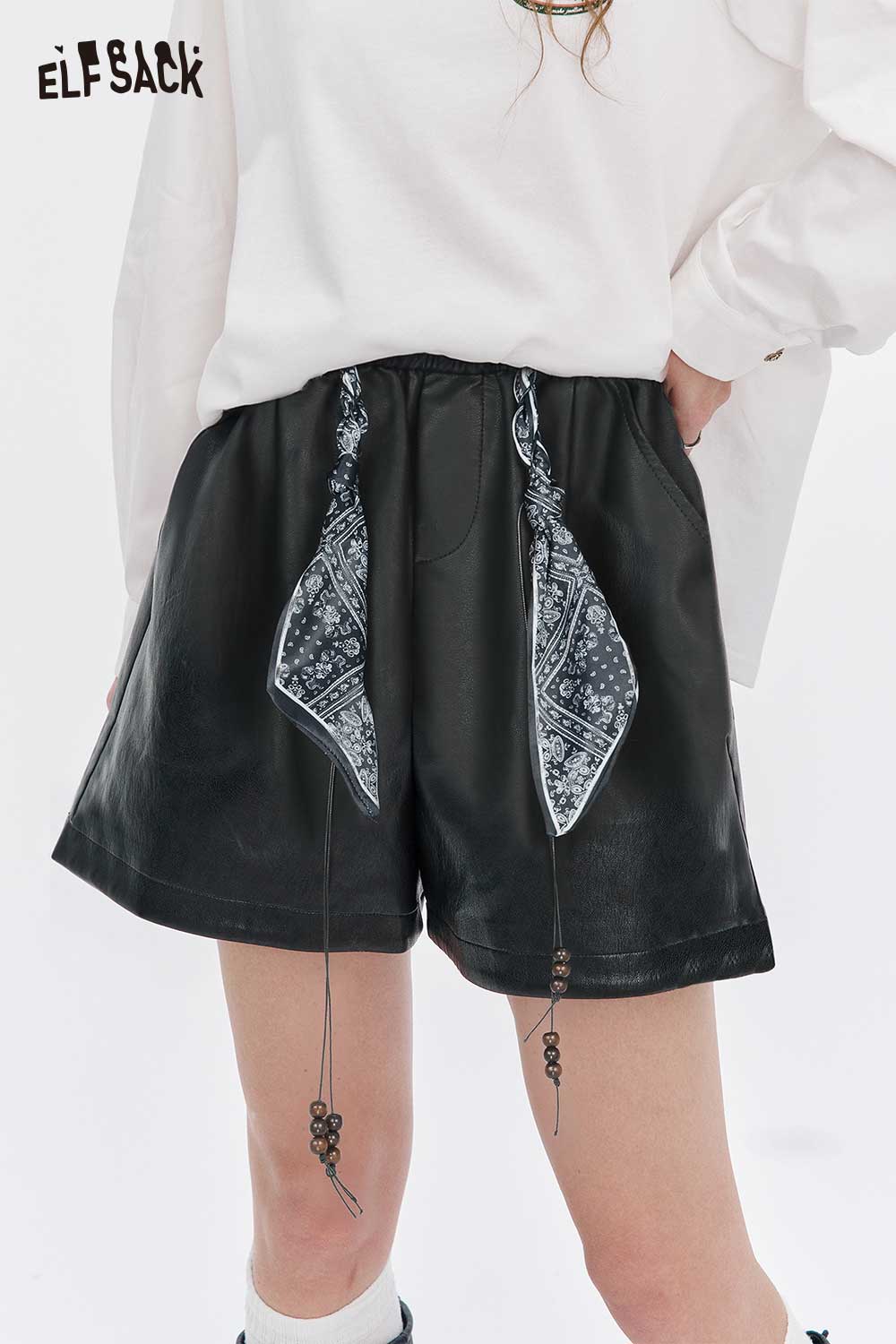 ELFSACK Bohemian Paisley Print Shorts in Black with Stylish Ties and Comfortable Fit