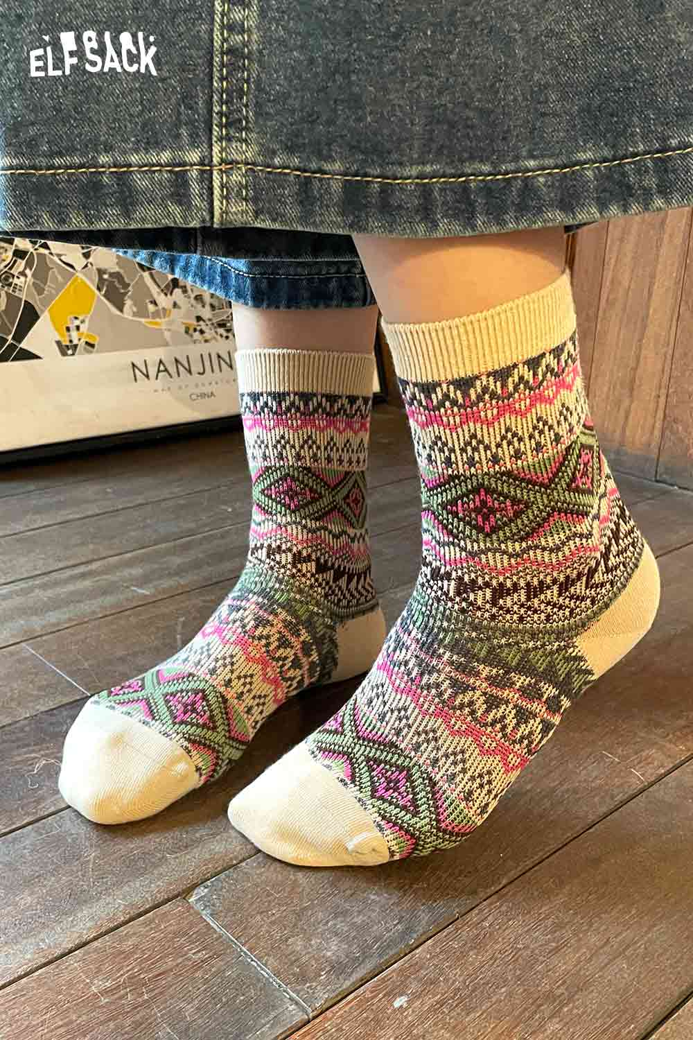 Colorful ELFSACK bohemian stripe socks for women featuring intricate patterns and cozy fit
