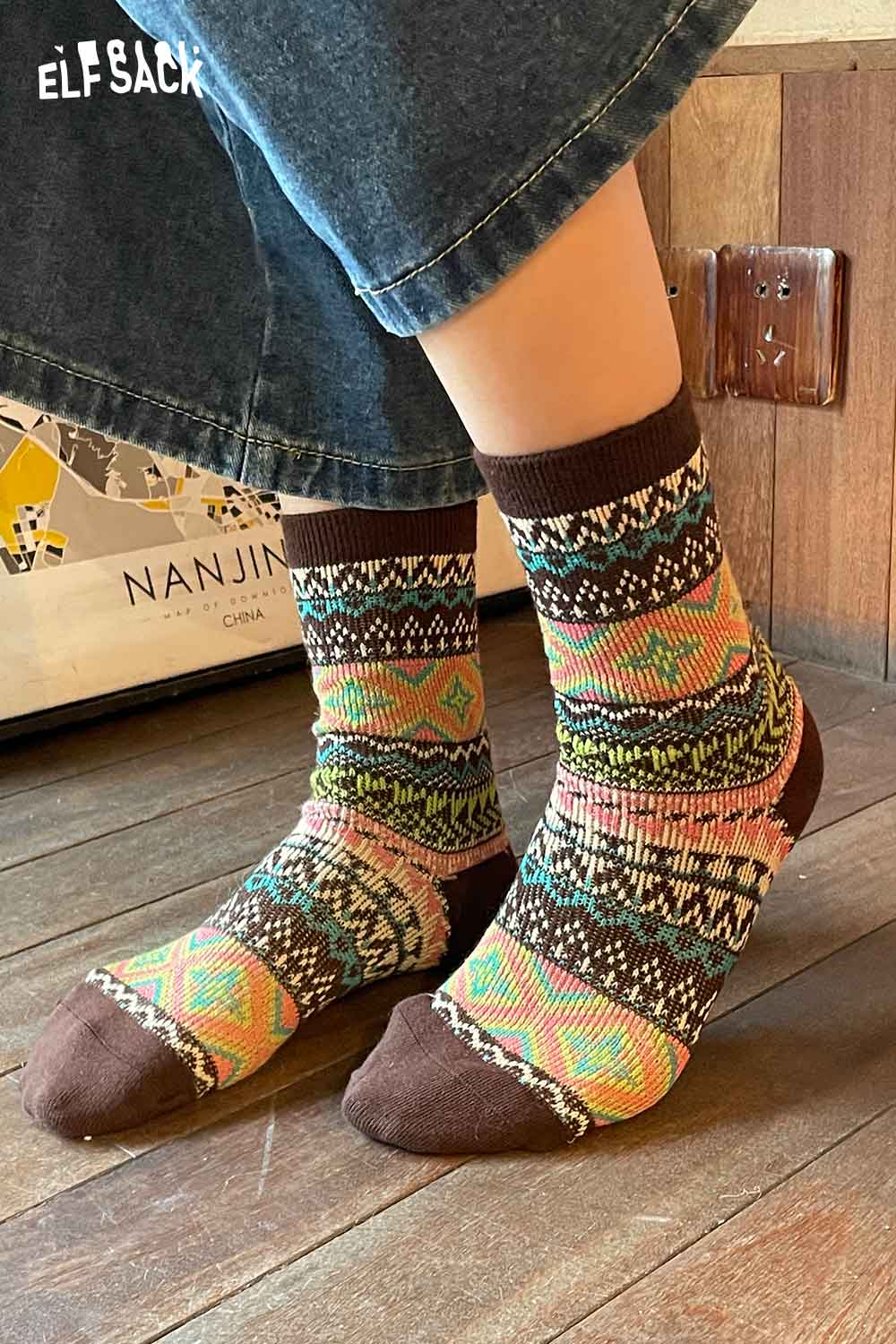 Stylish ELFSACK bohemian stripe socks for women in colorful patterns and cozy design