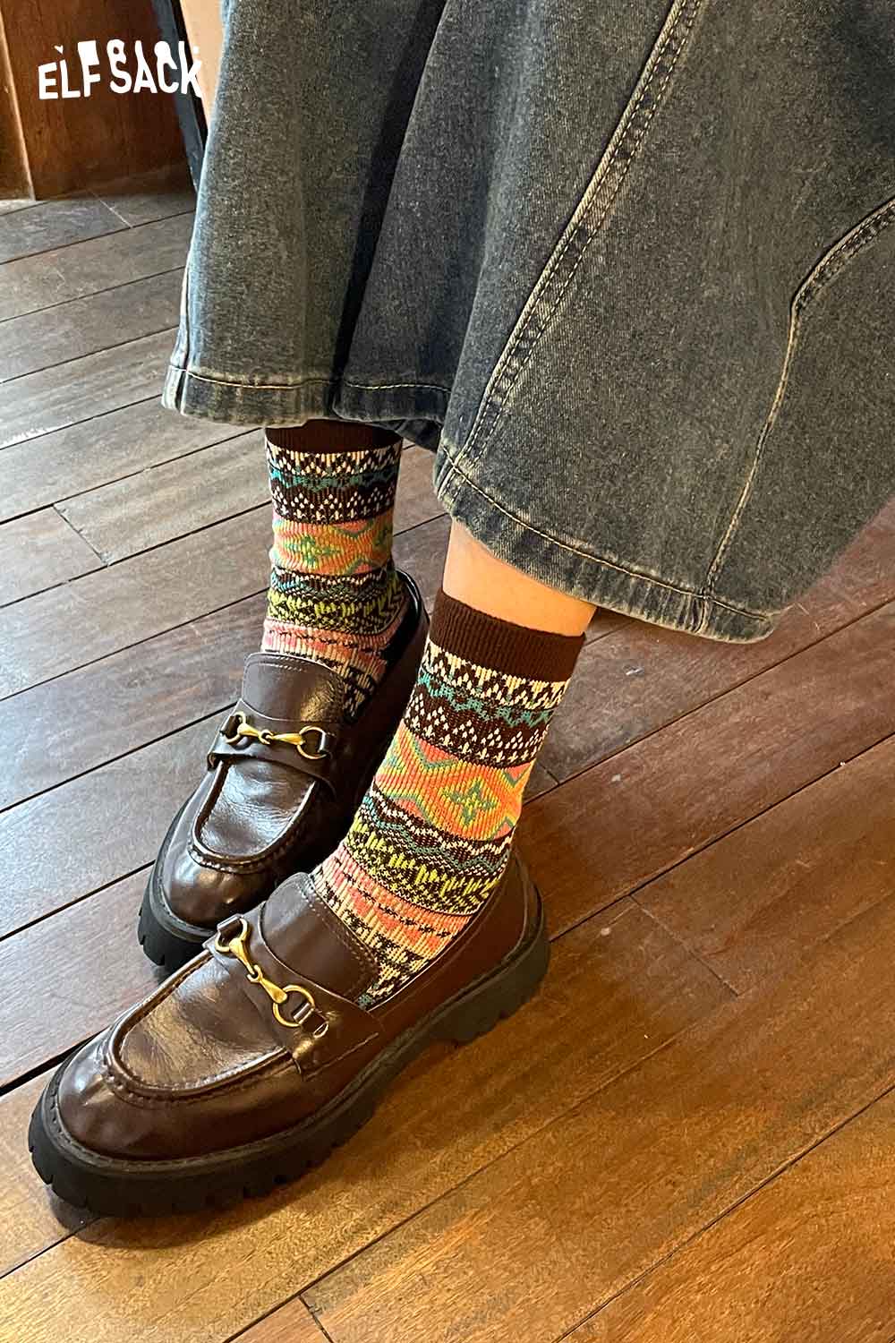 ELFSACK bohemian stripe socks for women styled with a denim skirt and loafers
