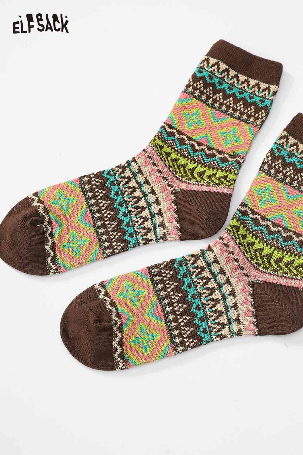 Colorful ELFSACK bohemian stripe socks for women in brown with vibrant patterns and textures