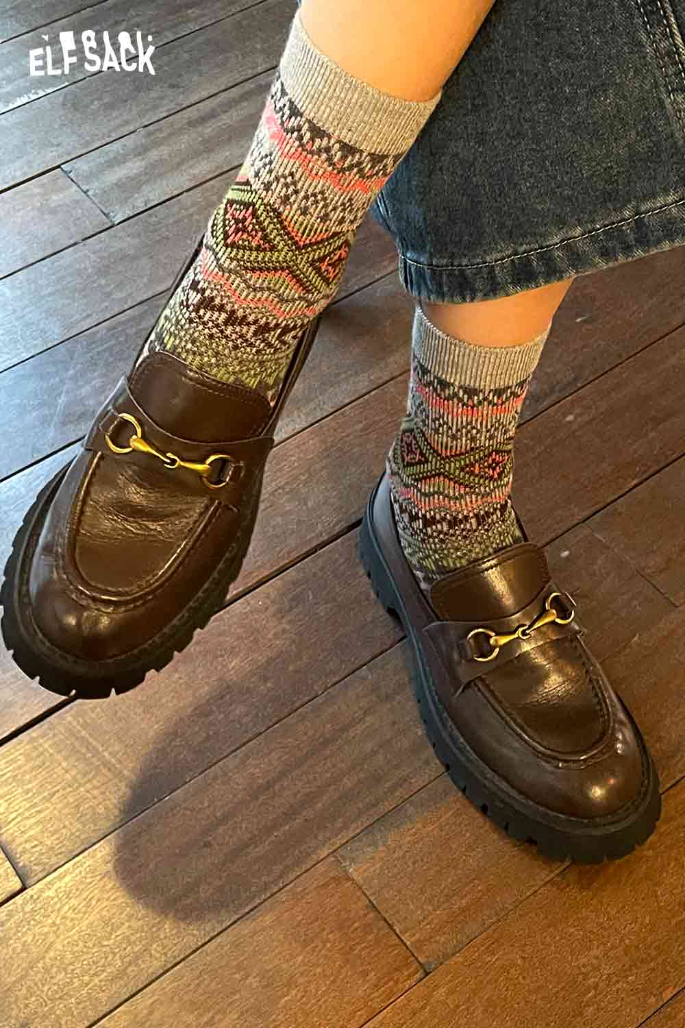 ELFSACK Bohemian stripe socks for women styled with loafers on a wooden floor