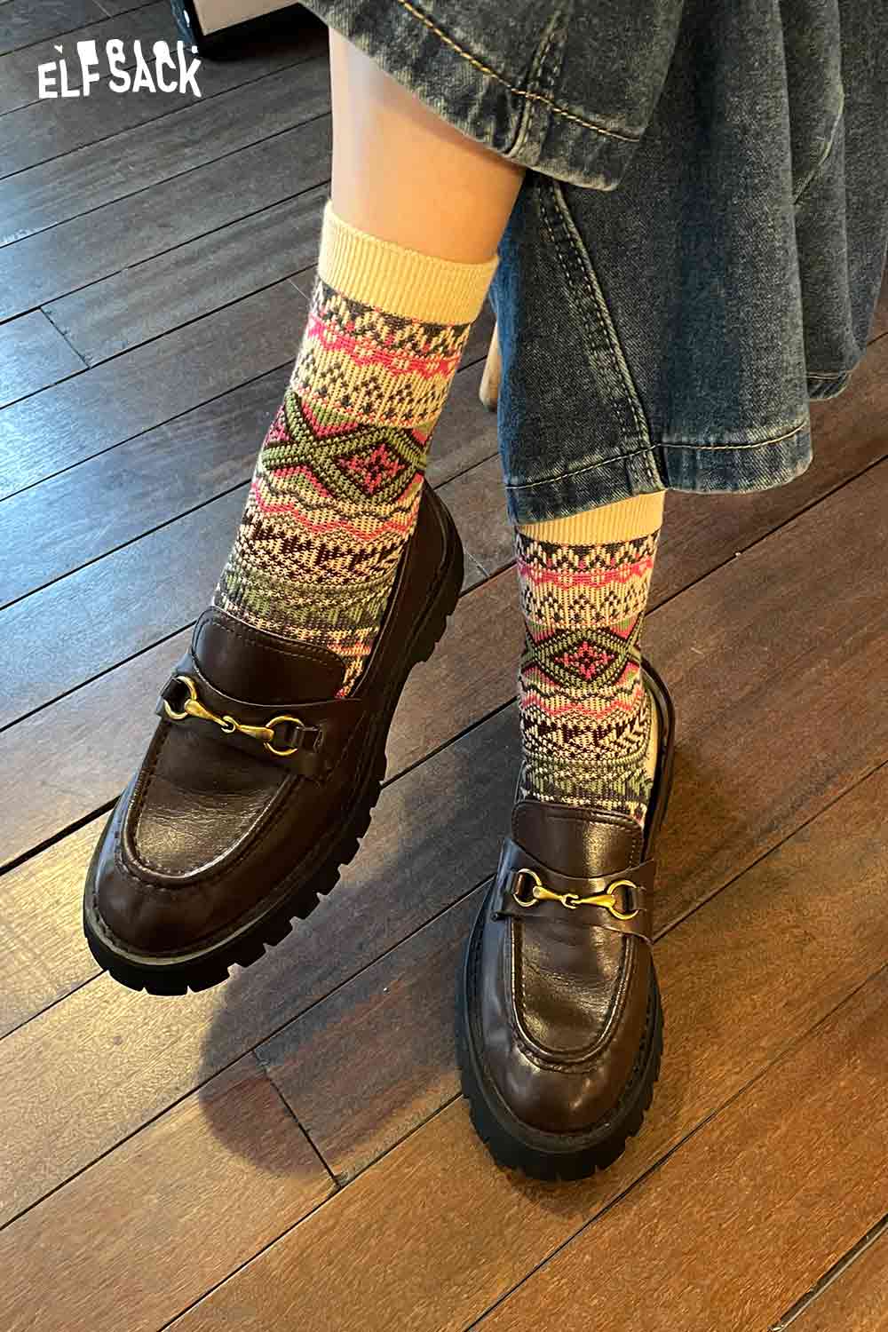 ELFSACK bohemian stripe socks for women styled with loafers and casual denim for a trendy look