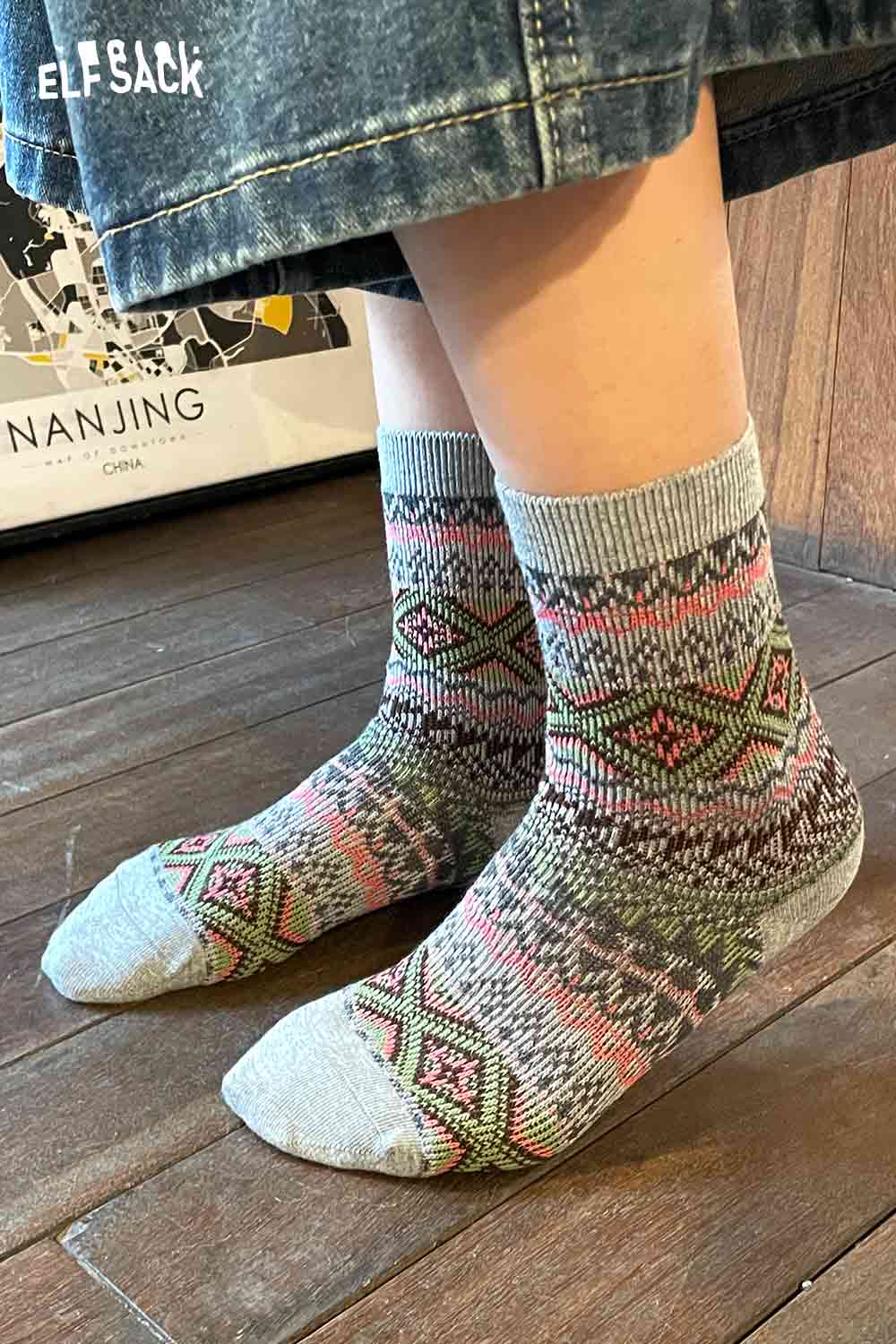 ELFSACK bohemian stripe socks for women with colorful patterns and cozy fit
