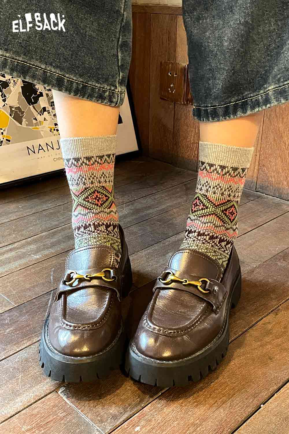 ELFSACK bohemian stripe socks for women styled with trendy loafers in a cozy indoor setting
