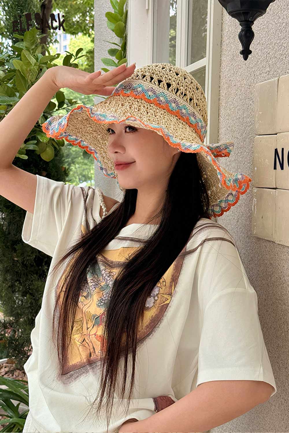 ELFSACK Bohemian Trimmed Crochet Straw Sun Hat