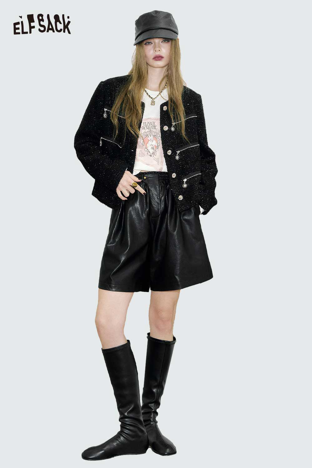 ELFSACK boucle wool short blazer for women styled with a graphic tee and black leather shorts