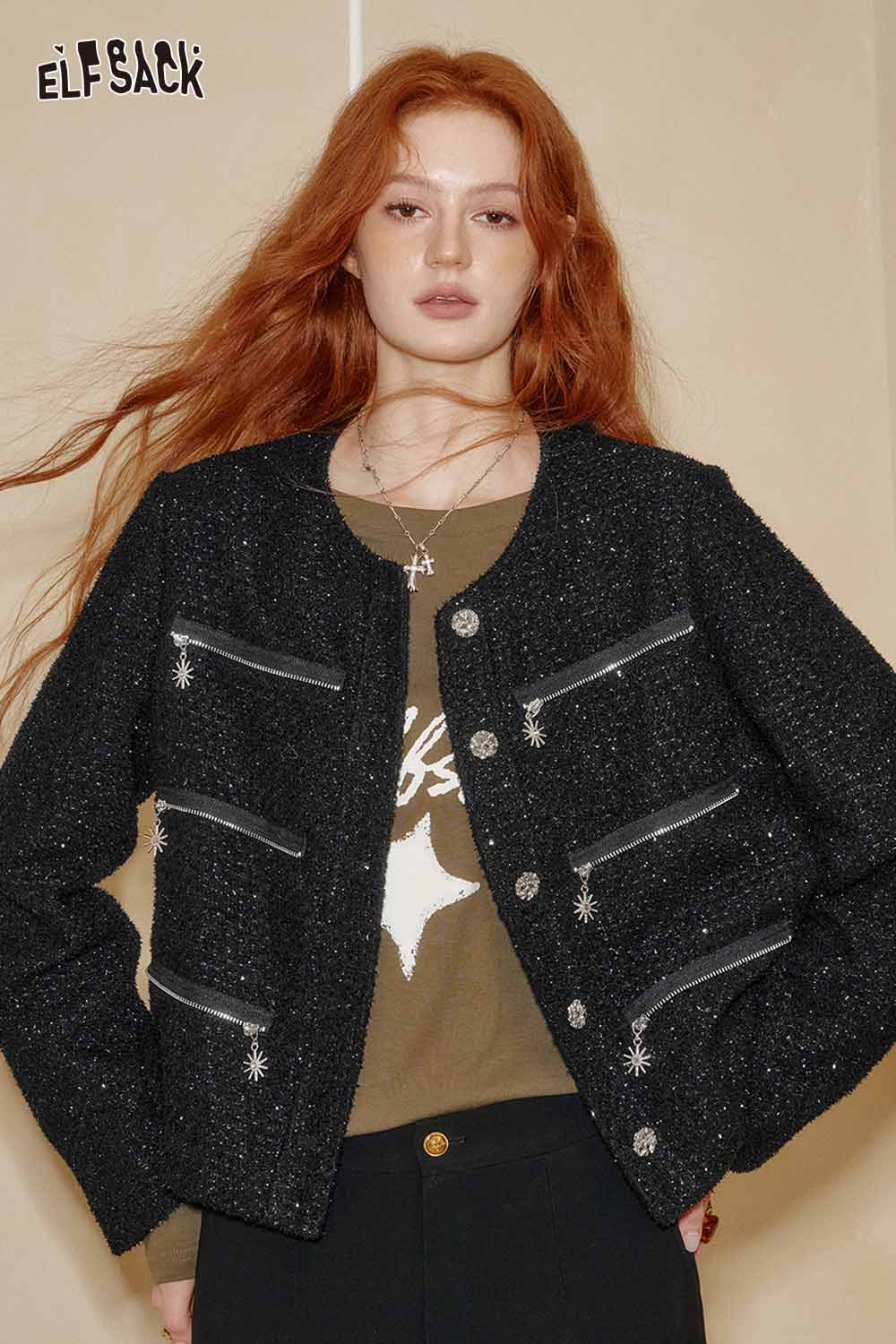 Stylish black ELFSACK boucle wool short blazer for women with zipper pockets and a modern fit