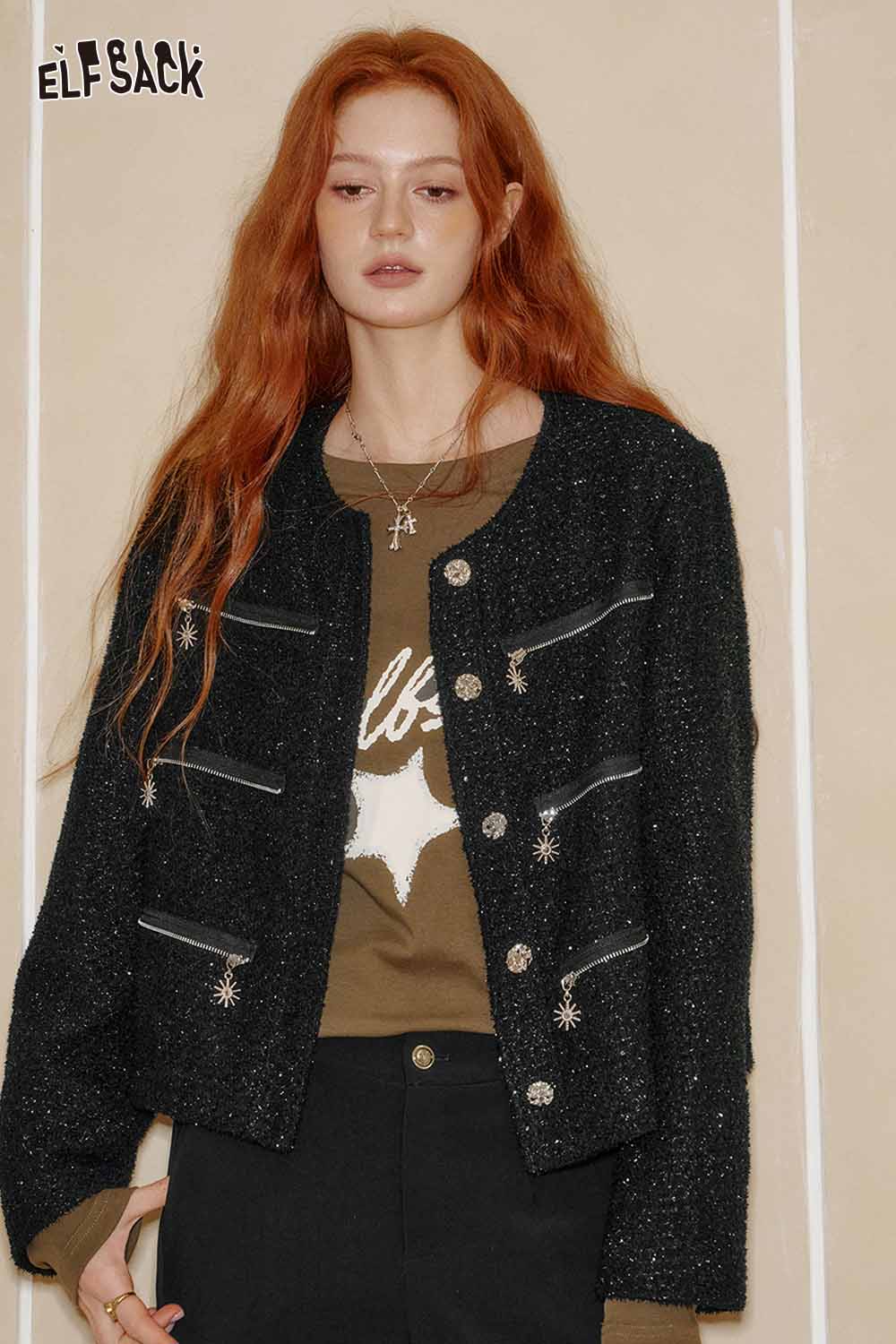 ELFSACK boucle wool short blazer for women featuring a stylish button design and unique detailing