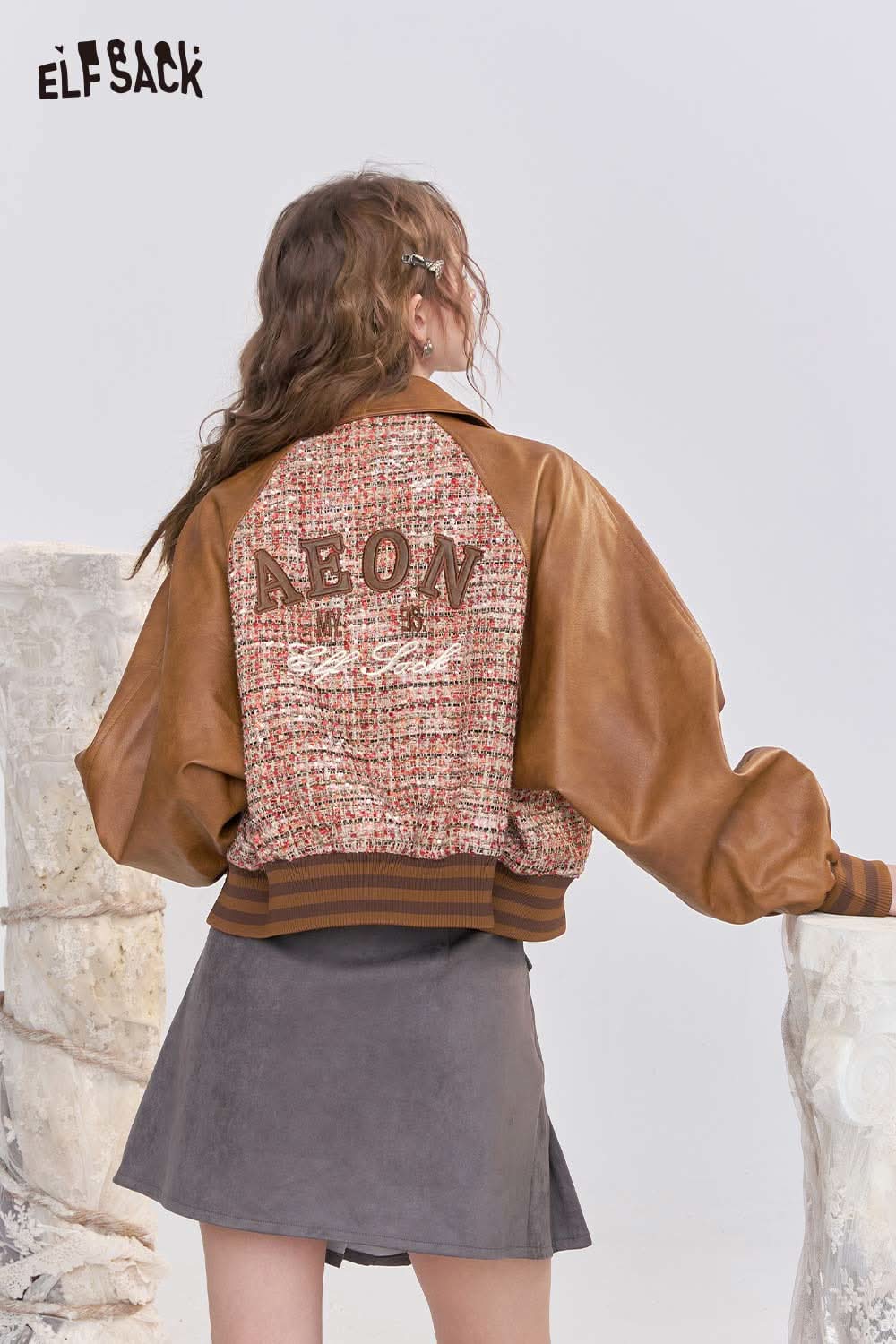 ELFSACK bow embroidery faux leather tweed jacket featuring a stylish design and comfortable fit