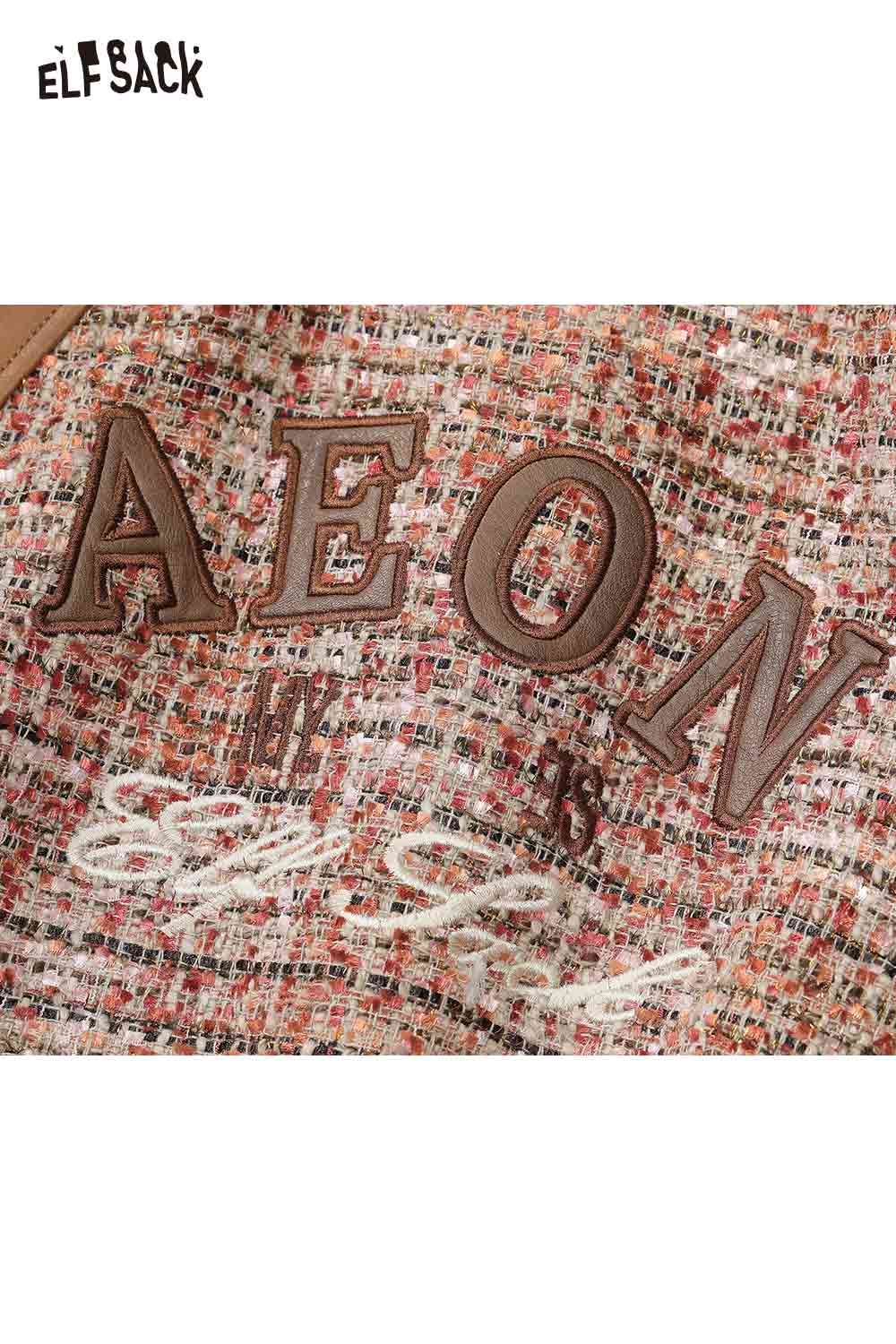 ELFSACK bow embroidery faux leather tweed jacket featuring stylish textured design and unique detailing