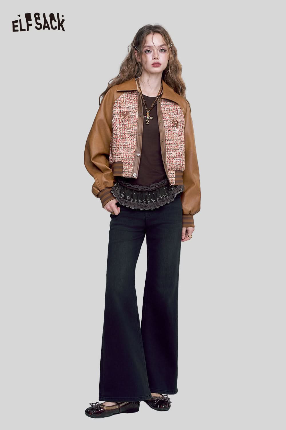 ELFSACK bow embroidery faux leather tweed jacket with stylish pattern and relaxed fit for chic outfits