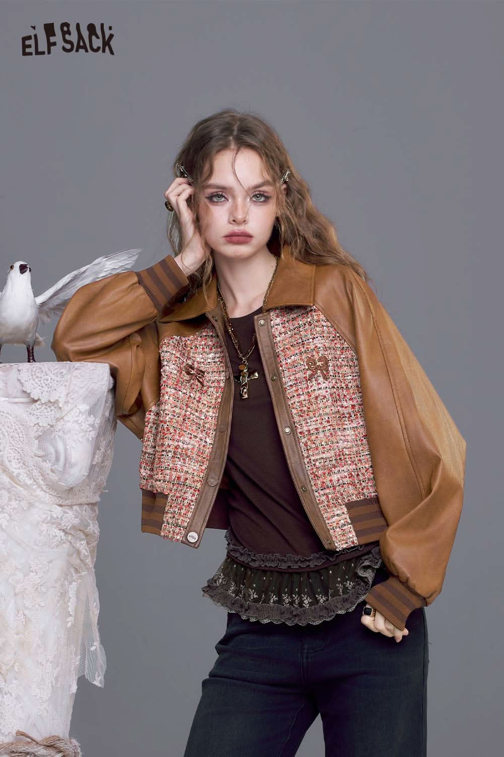 ELFSACK bow embroidery faux leather tweed jacket with brown leather sleeves and stylish design