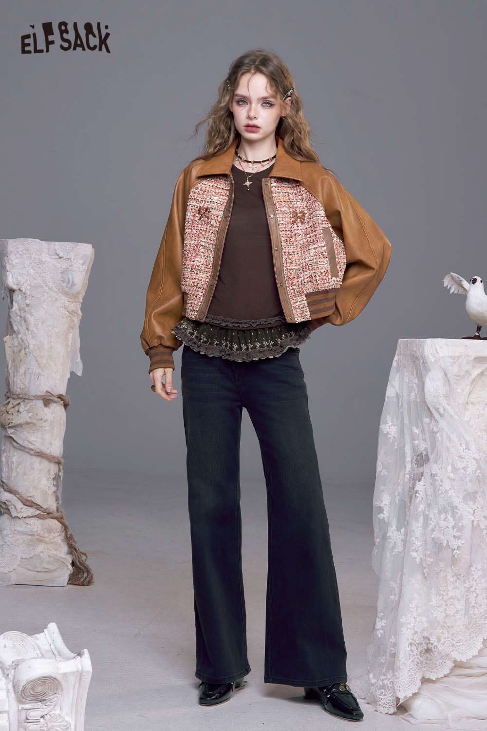 ELFSACK bow embroidery faux leather tweed jacket with unique design and stylish fit for a chic look
