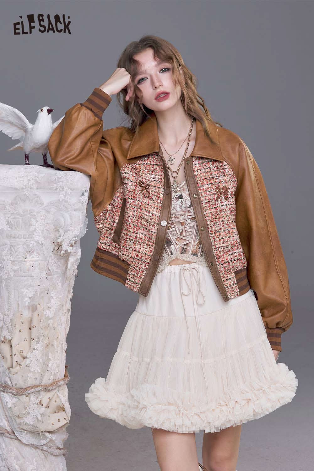 ELFSACK bow embroidery faux leather tweed jacket with stylish design and comfortable fit