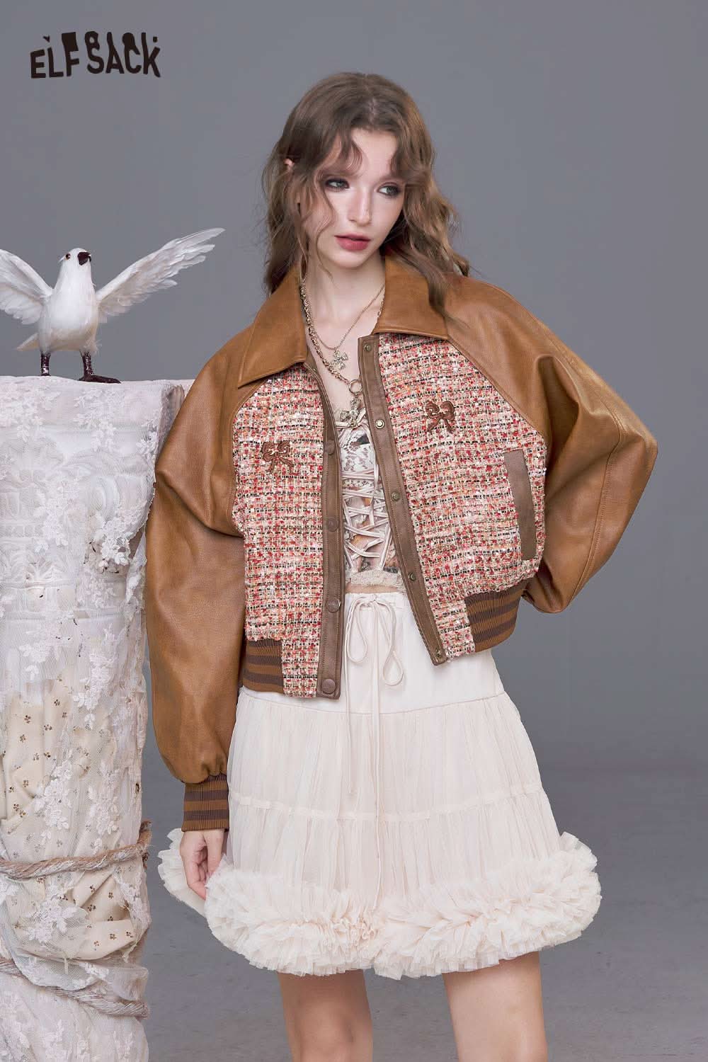 ELFSACK bow embroidery faux leather tweed jacket with stylish design and contrasting materials