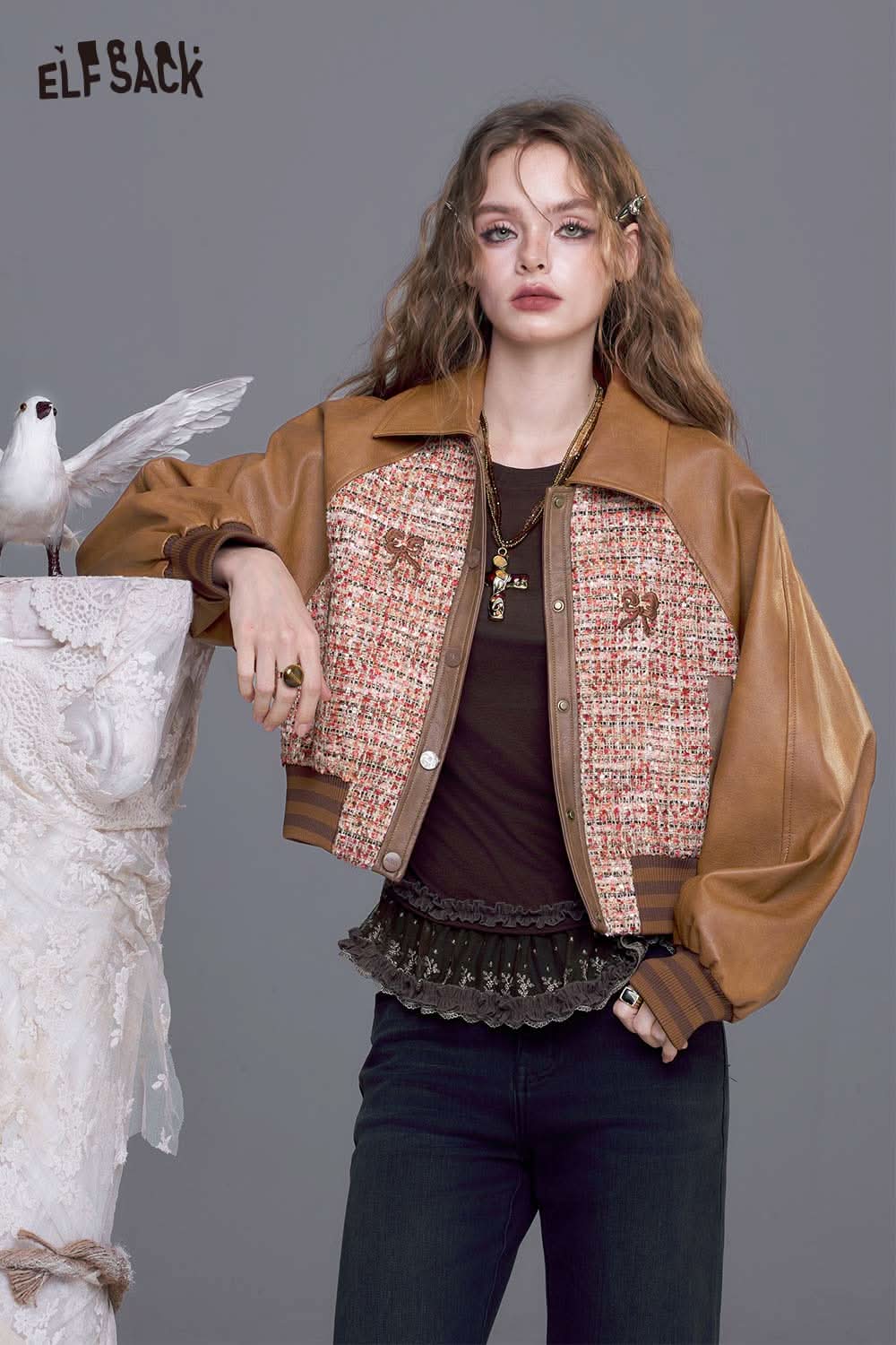 ELFSACK bow embroidery faux leather tweed jacket with stylish cropped design and oversized sleeves
