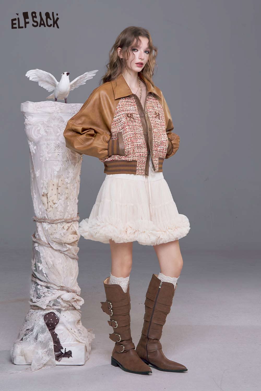 ELFSACK bow embroidery faux leather tweed jacket styled with a ruffled skirt and knee-high boots