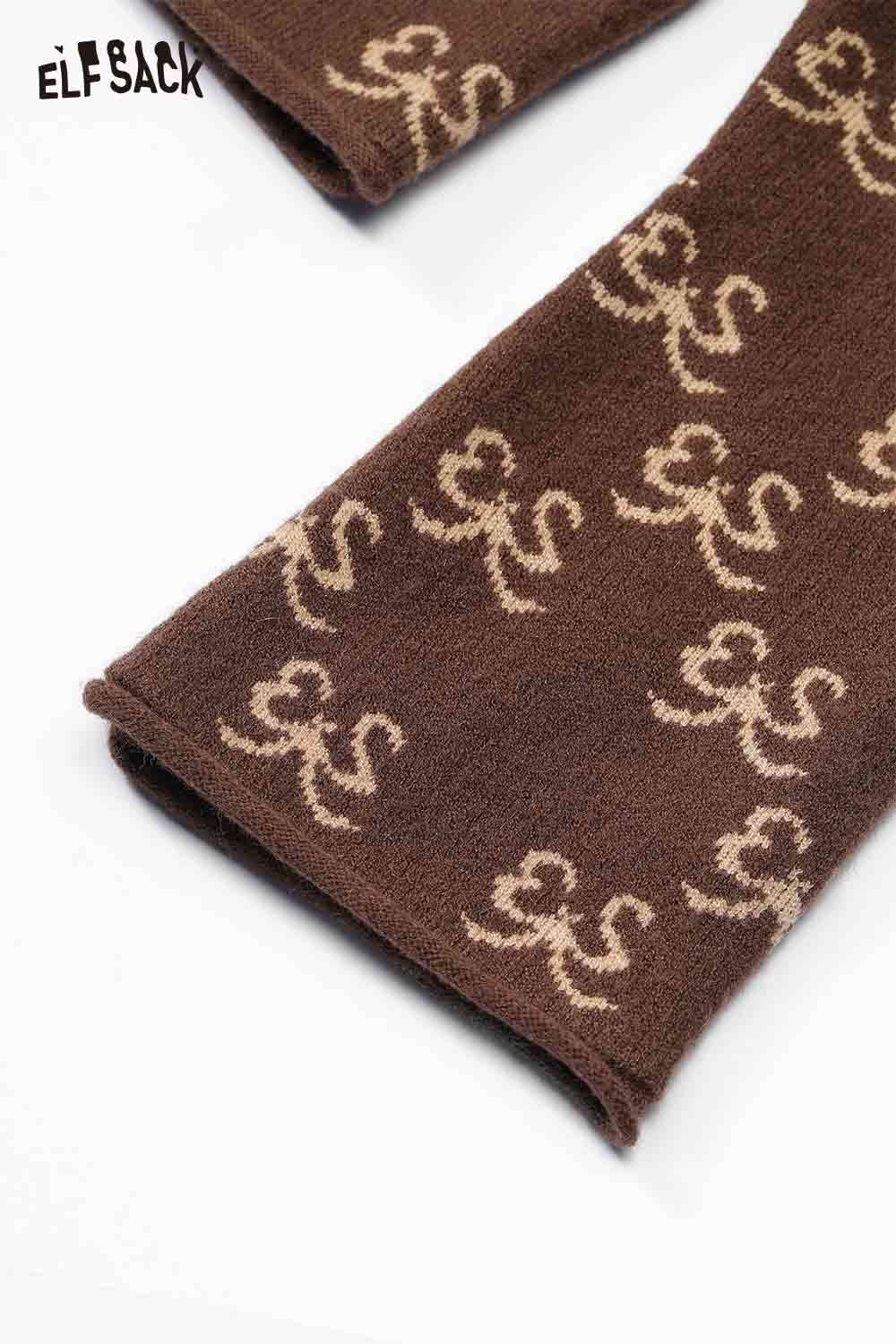 Brown ELFSACK bow print half neck knitwear featuring a trendy design and soft texture
