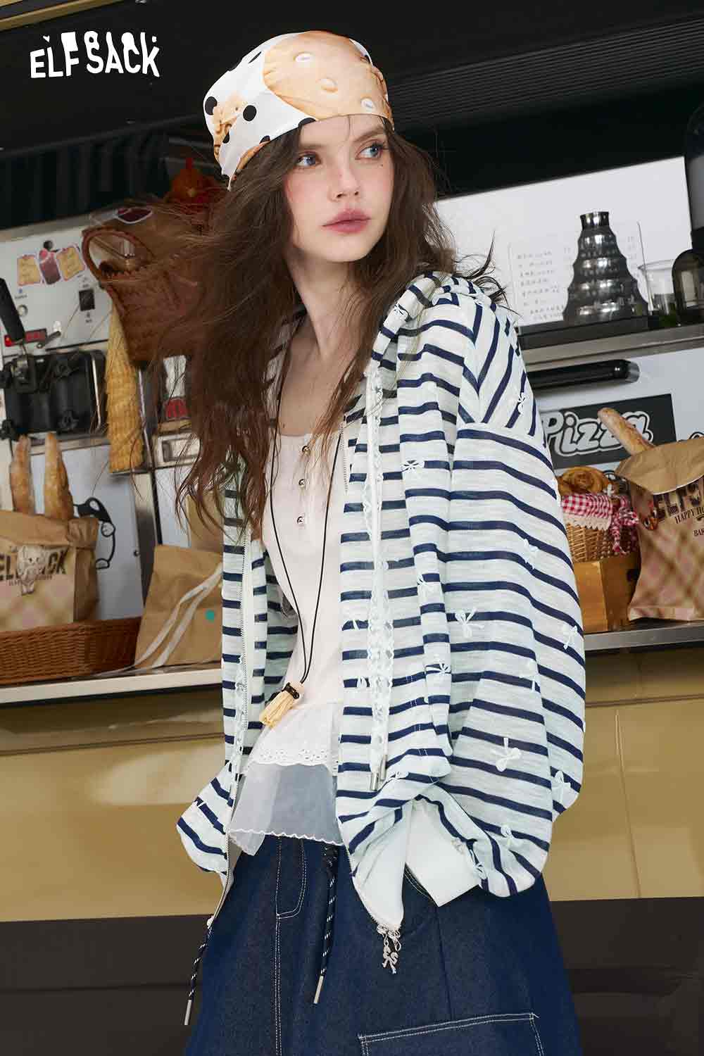 ELFSACK oversized striped cardigan for women in navy and white hooded knit with relaxed fit styling