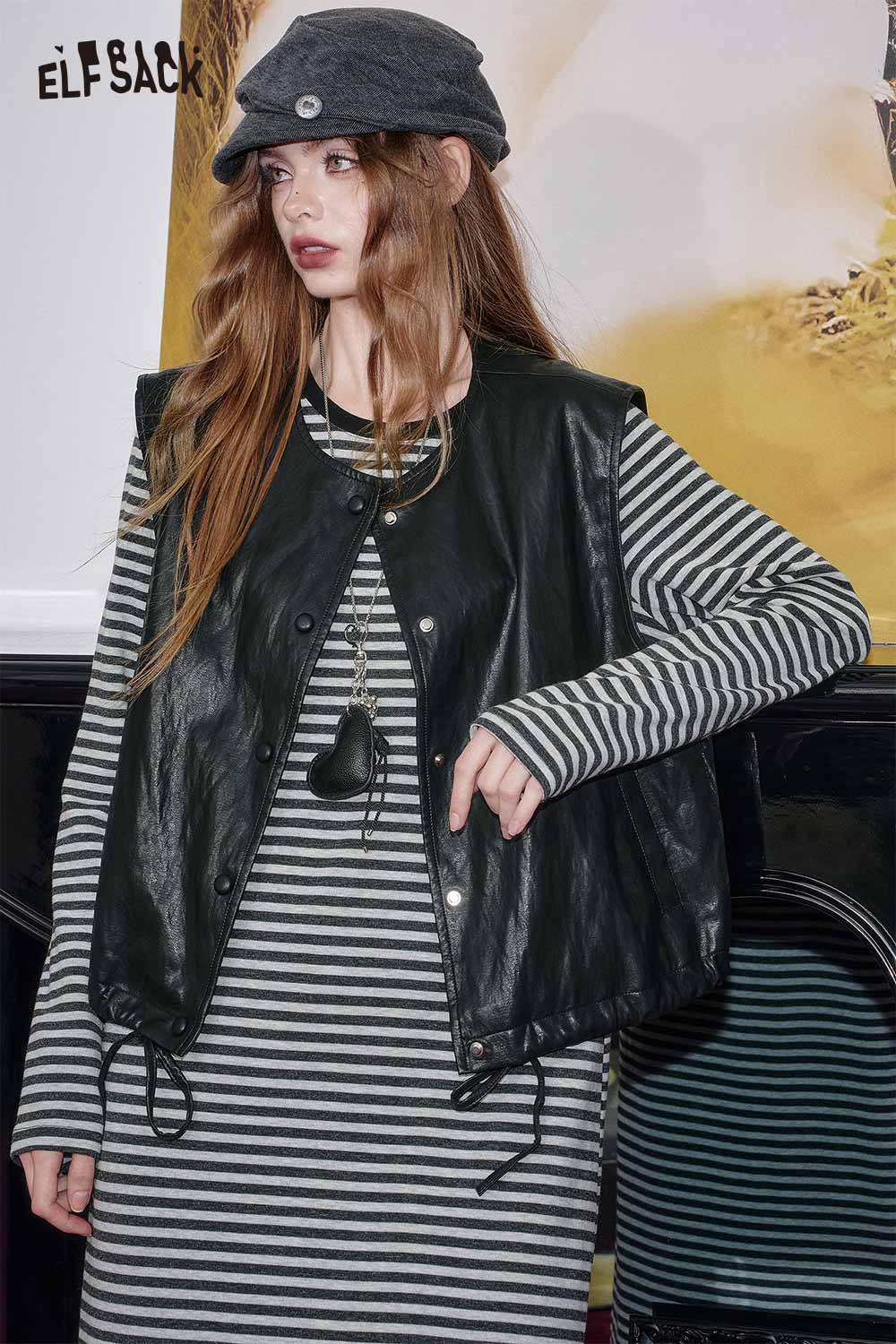 ELFSACK breathable cotton blend striped dress set with black vest for a stylish layered look