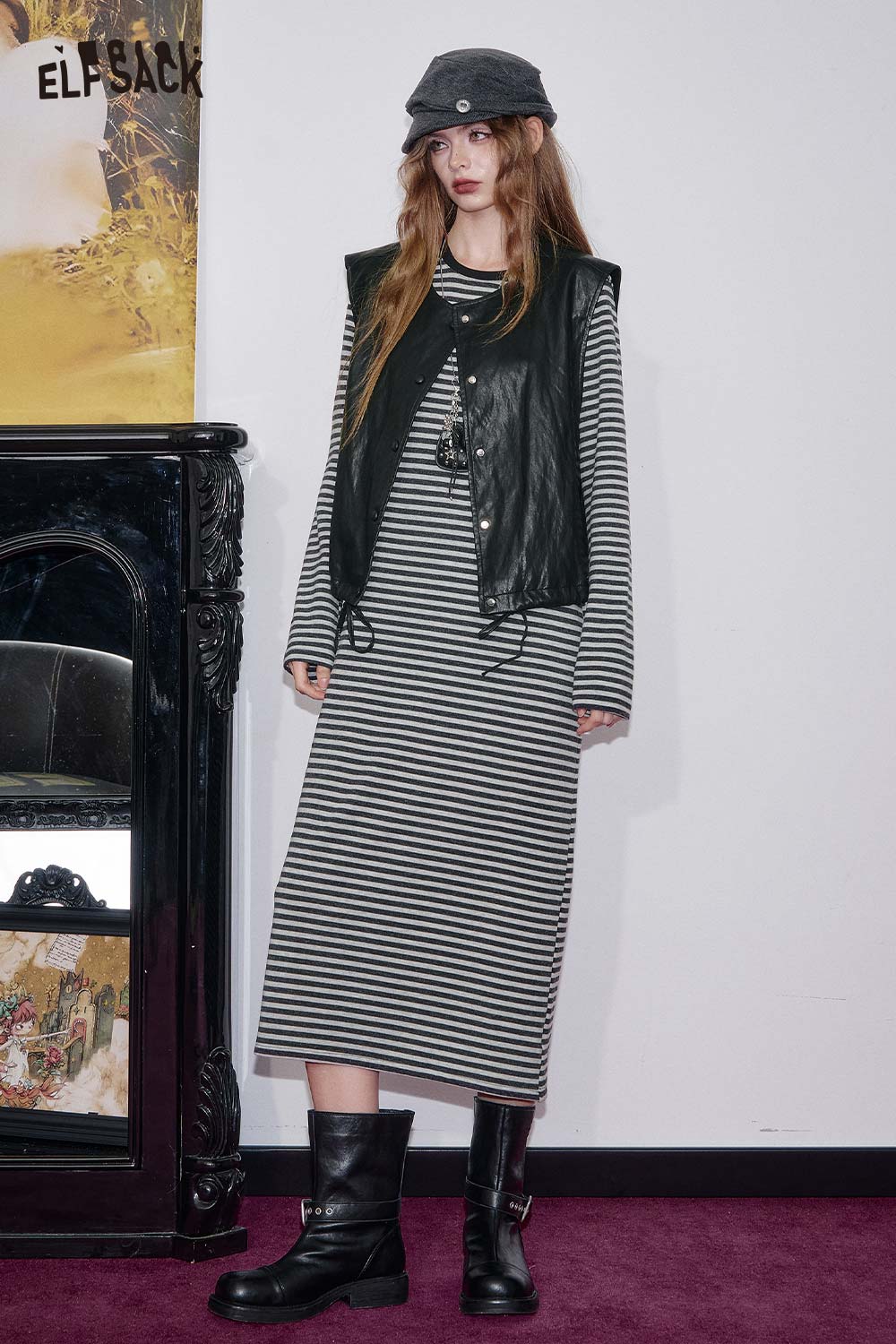 ELFSACK breathable cotton blend striped dress set layered with a black vest for a trendy look