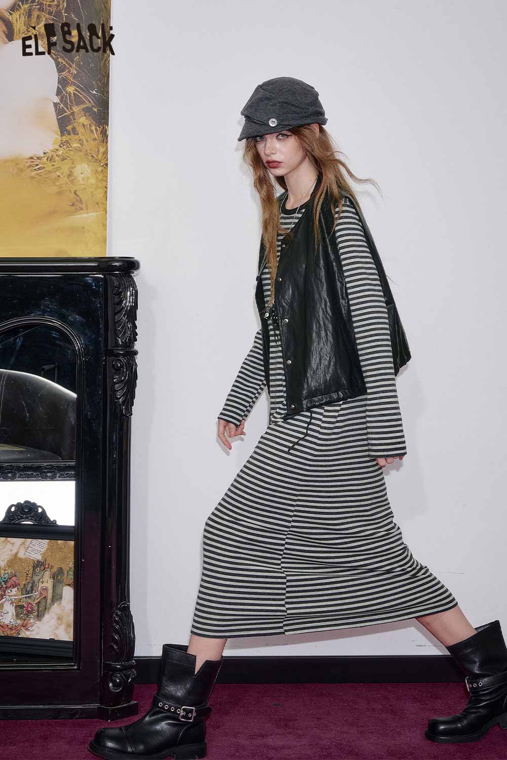 ELFSACK breathable cotton blend striped dress set showcased with a stylish leather vest and boots