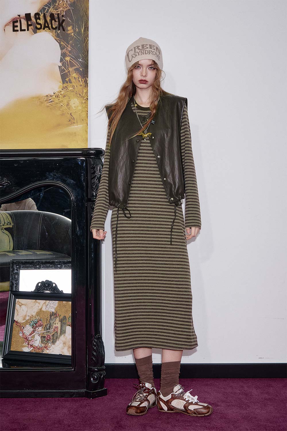 ELFSACK breathable cotton blend striped dress set with a stylish vest and trendy sneakers