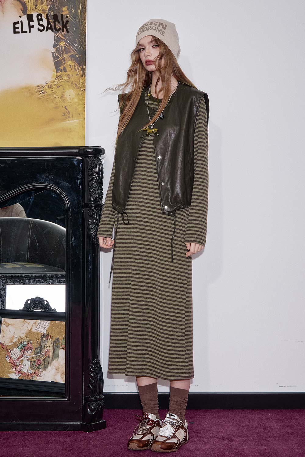 ELFSACK breathable cotton blend striped dress set with a stylish vest for a trendy look