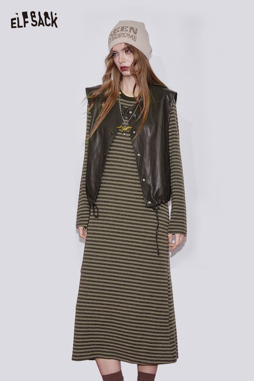 ELFSACK breathable cotton blend striped dress set styled with a leather vest and beanie for a trendy look