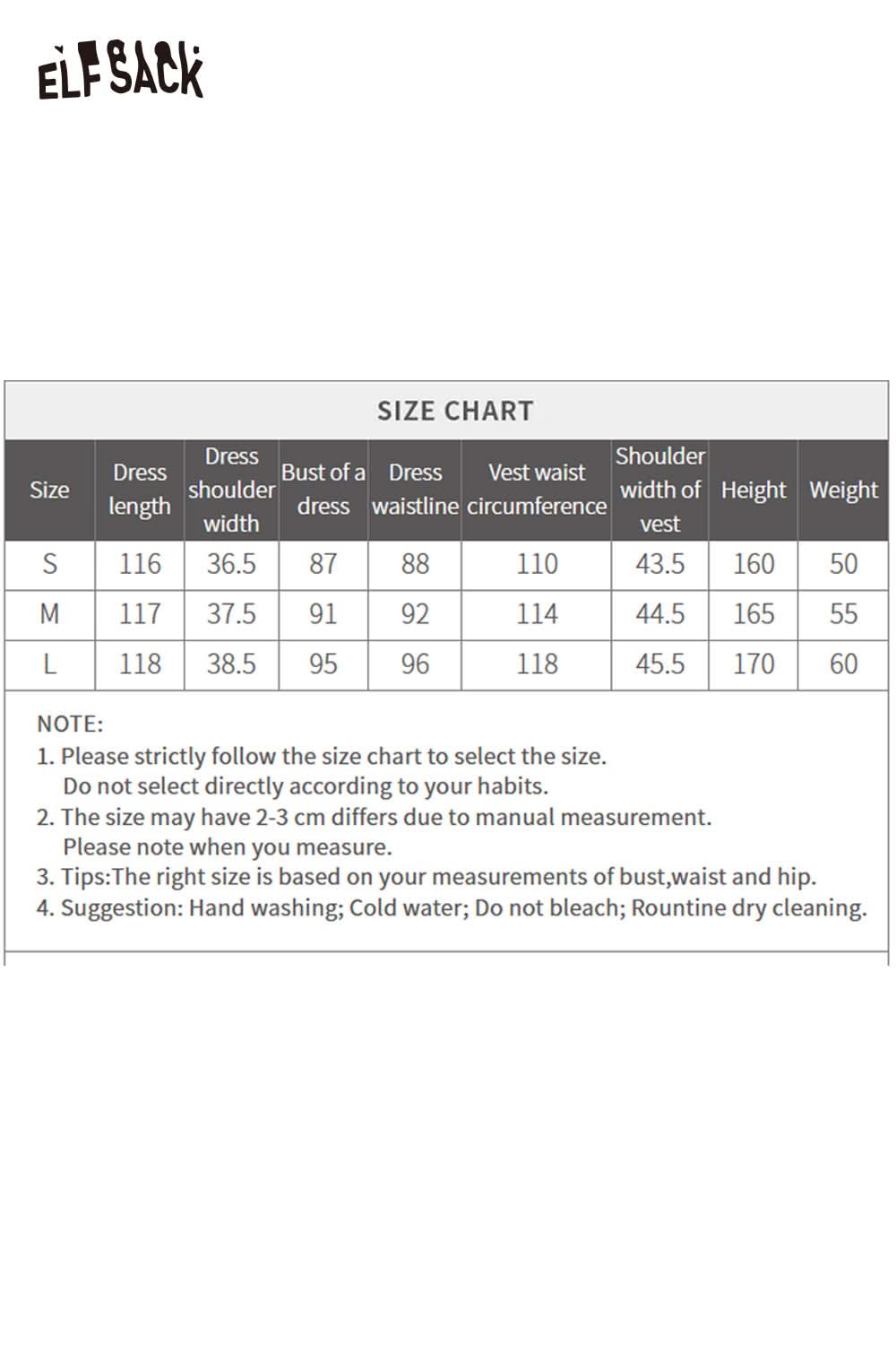 Size chart for ELFSACK breathable cotton blend striped dress set showing measurements for S and M sizes