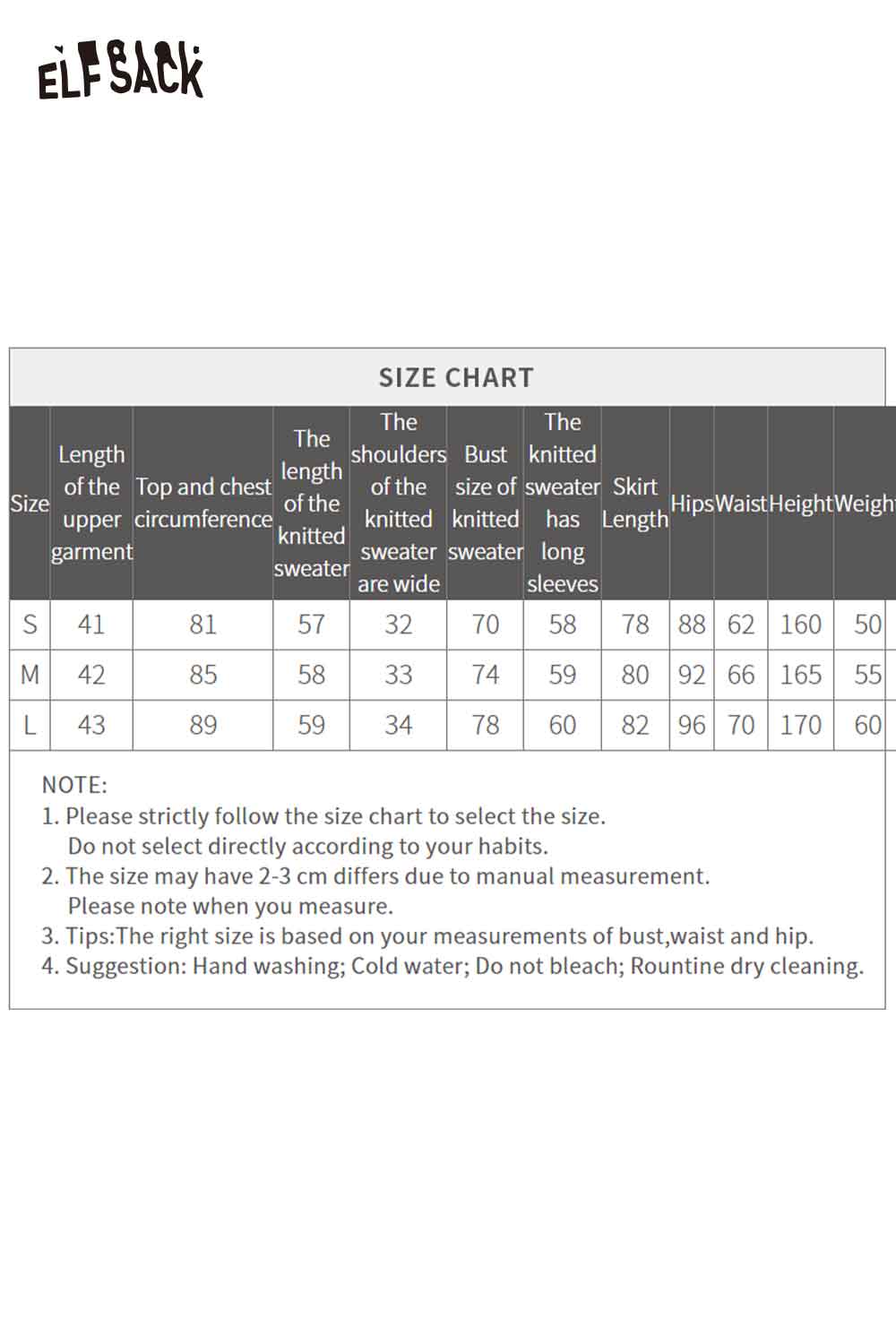 ELFSACK women's check pattern three-piece set with size chart for accurate fitting options
