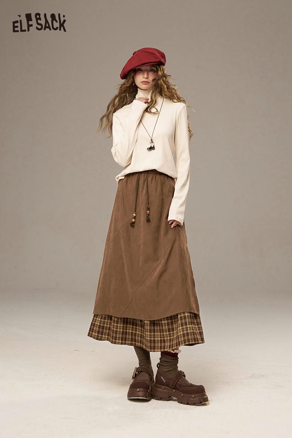 ELFSACK breathable lace patchwork skirt with a layered design and stylish brown tones